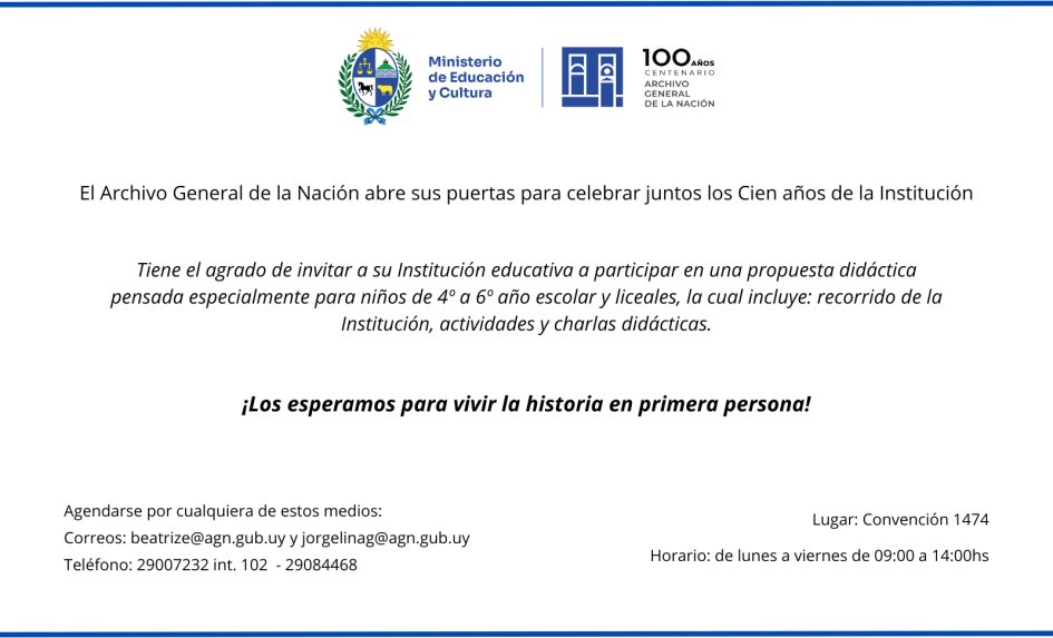 Visitas guiadas para escolares y liceales.

Con motivo de conmemorarse los Cien años de la Institución (octubre 2026), el Archivo abre sus puertas a escolares y liceales para que conozcan la documentación que posee.

🌐gub.uy/ministerio-edu…