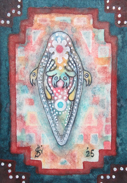 去年の2月10日に描いた絵『プラヌラクラゲ』画用紙、インク、透明水彩