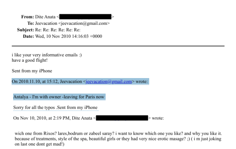 Pedofil fuhuş ağı yöneticisi Jeffrey Epstein'ın Fettah Tamince'nin sahibi olduğu "Antalya Rixos Otelleri'nde kaldığı, sahibinin yanında olduğunu" söylediği yeni belge

🔴 Gazeteci Berrak Güngör'ün paylaştığı 10 Kasım 2010 tarihli Jeffrey Epstein-Dite Anata yazışmalarında, ilki