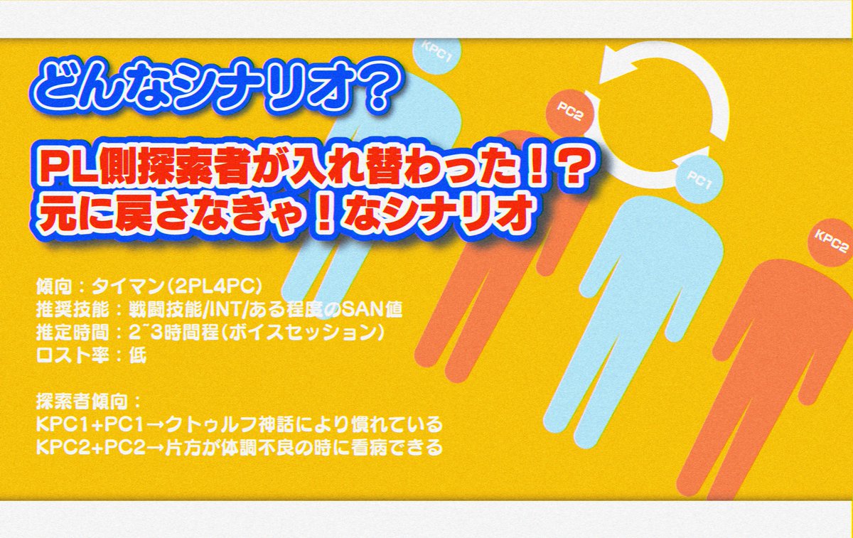 CoC【俺の相棒が入れ替わった件について】

  -お前、相棒じゃないな？- 

 ▮夜一晩、自陣クロスオーバーを目的とした探索者の精神入れ替わりバディ交換シナリオ
 ▮短時間バディ交換でドタバタしたい探索者向け
公開しました！よろしくお願いします

#バディ・ワルツ4_新規

wimwim.booth.pm/items/7971137