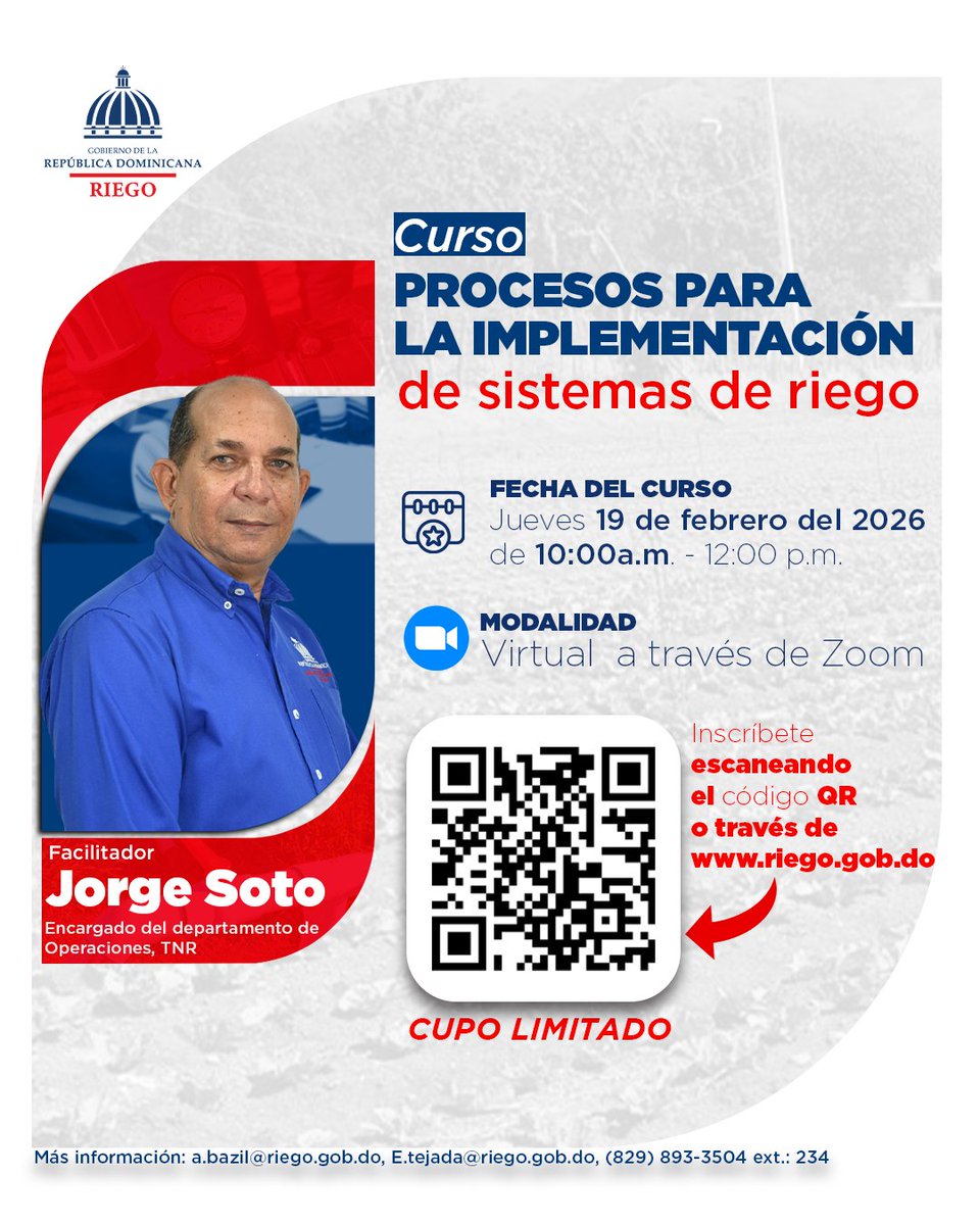 Te invitamos  a participar en el curso
“Procesos para la implementación de sistemas de riego”, un espacio formativo diseñado para fortalecer conocimientos técnicos y mejorar la eficiencia en el manejo del agua en la agricultura.