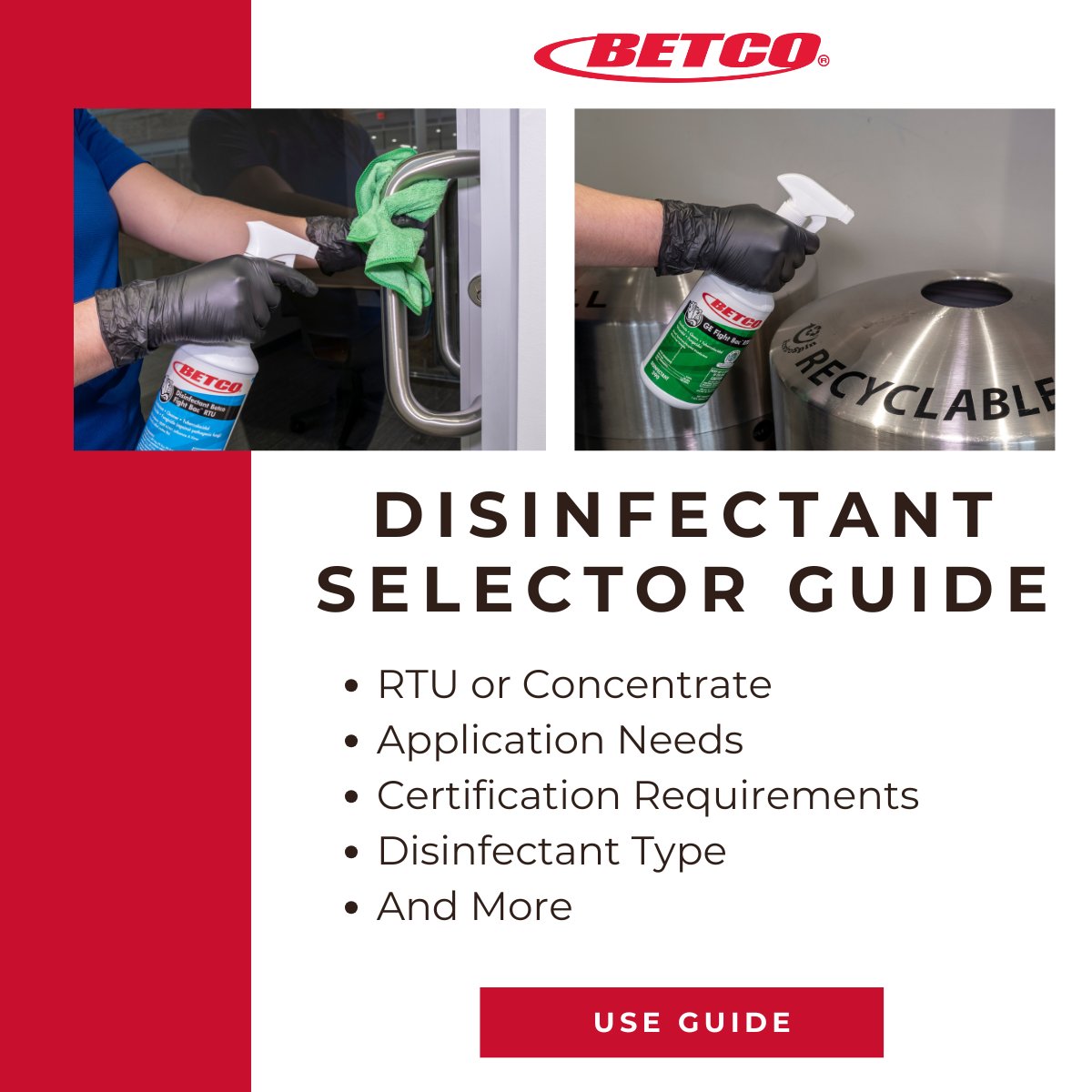 Use the Disinfectant Selector Guide, located on the Disinfection Solutions page, to find the Betco disinfectant that best meets your or your customers’ disinfection needs: ow.ly/Yafm50YbRx5