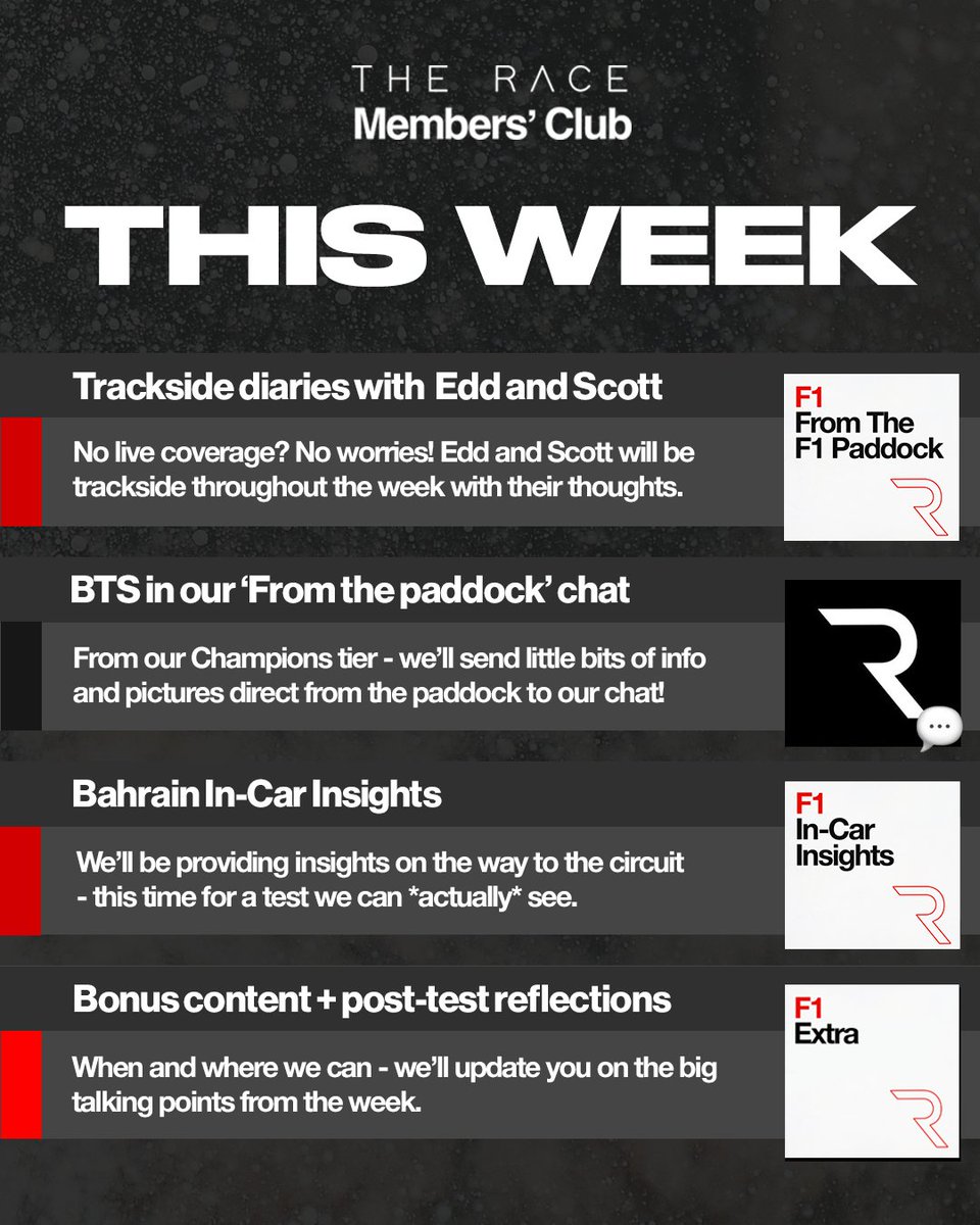 Who else is excited about the start of testing?! 🤩

There will be PLENTY of content to keep up with on The Race Members' Club this week - here's a taster!