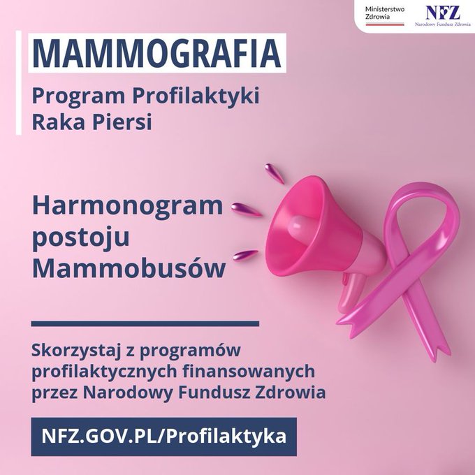 ♀️ Bezpłatne badania #mammografia można wykonać w pracowniach stacjonarnych i w #mammobus.

📍Dziś mammobusy odwiedzą m. in. #Częstochowa, #Tychy i #Mysłowice

👉🏻 Znajdź dogodne miejsce i termin ➡️ nfz-katowice.pl/index.php/dla-… … i skorzystaj

ℹ️ Więcej ➡️ nfz-katowice.pl/index.php/dla-…