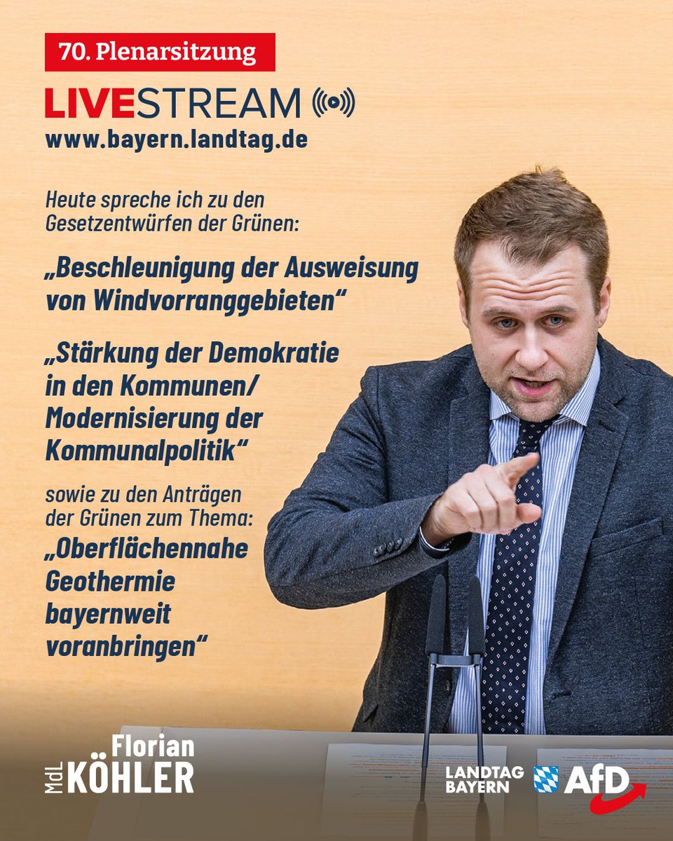 70. Plenarsitzung des Bayerischen Landtags
im Livestream auf bayern.landtag.de

👉 Heute spreche ich zu den Gesetzentwürfen der Grünen:
• „Beschleunigung der Ausweisung von Windvorranggebieten“ (TOP 8)
• „Stärkung der Demokratie in den Kommunen/Modernisierung der