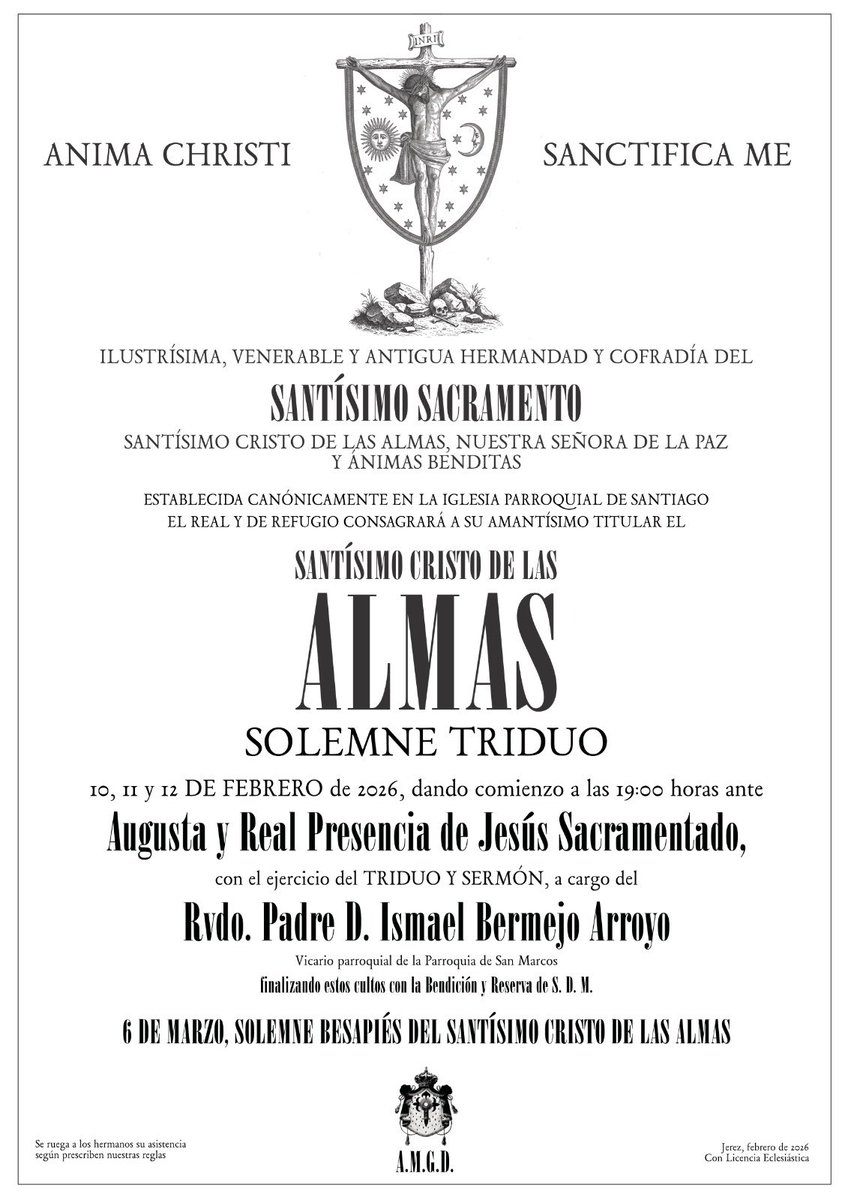 🔴 PRIMER DÍA DE TRIDUO

Queridos hermanos y devotos,
Hoy martes, 10 de febrero, se celebrará el primer día de Triduo en honor al Santísimo Cristo de las Almas, a partir de las 19.00 horas en la Capilla del Sagrario.

¡Os esperamos!
