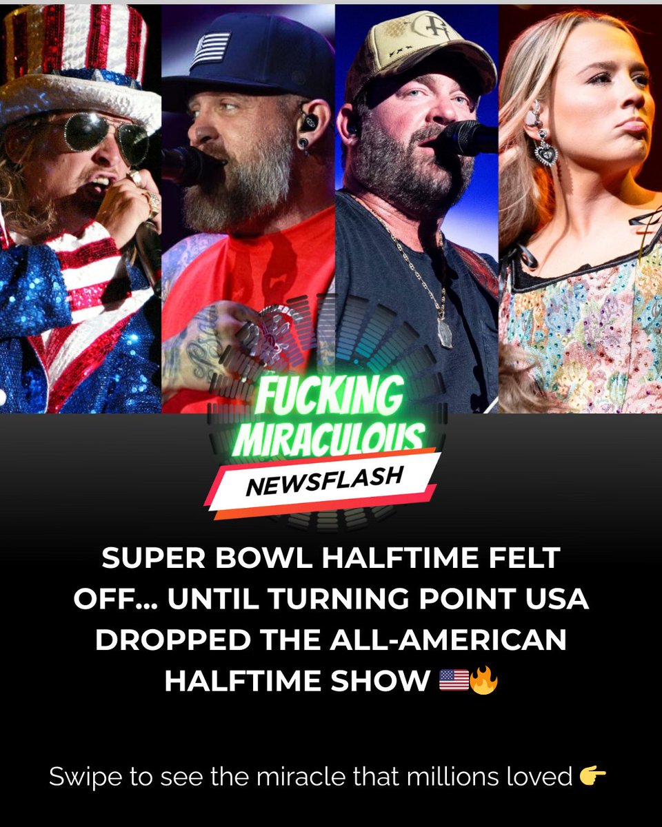fucknmiraculous's tweet photo. Super Bowl halftime felt off... until #TPUSA dropped the All-American Halftime Show 🇺🇸🔥
Kid Rock, Brantley Gilbert, Lee Brice, Gabby Barrett—faith, family, freedom.
Millions tuned in for the miracle alternative.
#FuckingMiraculousNews #AllAmericanHalftime https://t.co/4SF96ayX1Q
