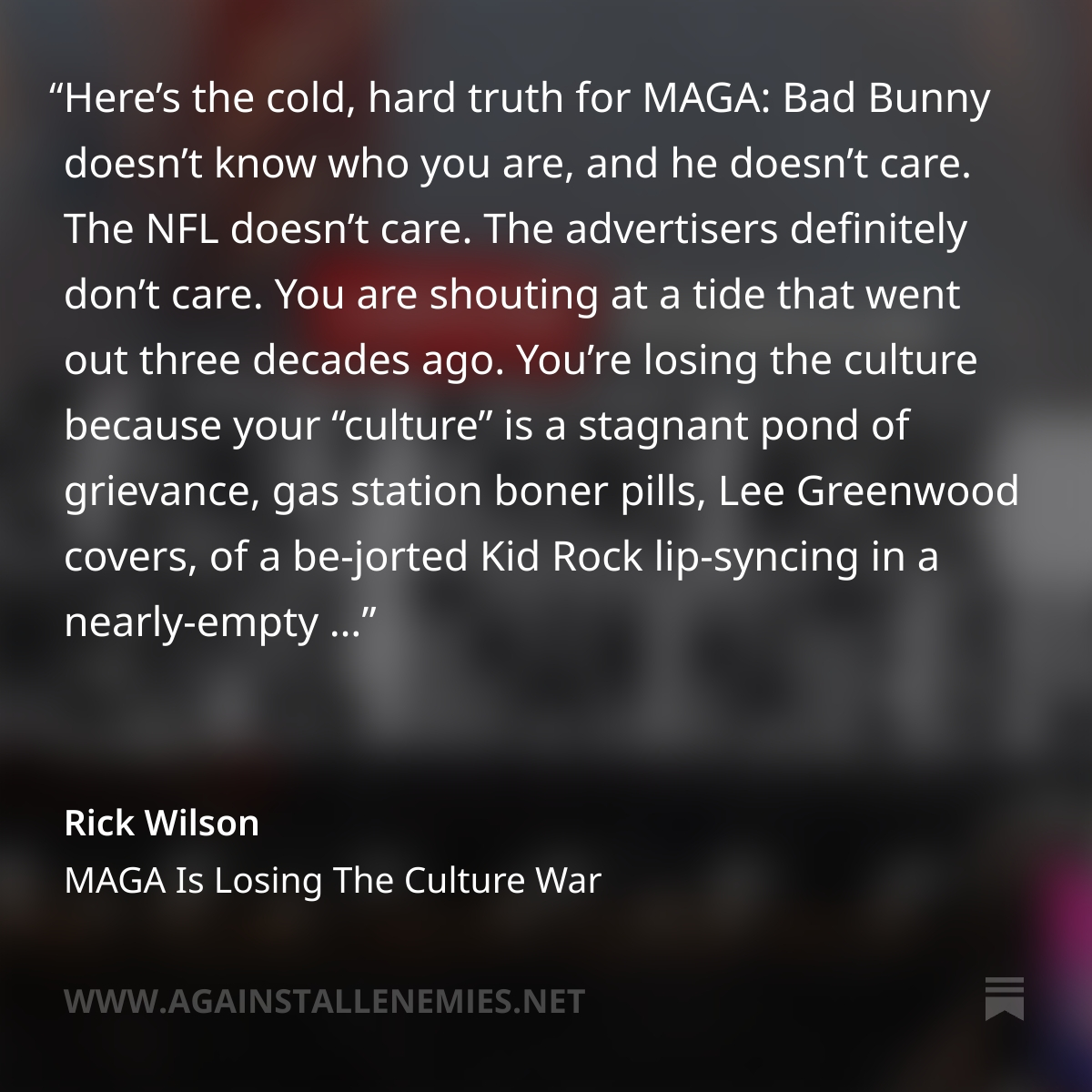 TheRickWilson's tweet photo. MAGA Is Losing The Culture War: From Bad Bunny to Epstein to Elections, MAGA Is In Deep Trouble

https://t.co/1MtPHpZiT7 https://t.co/N3mk24W81c
