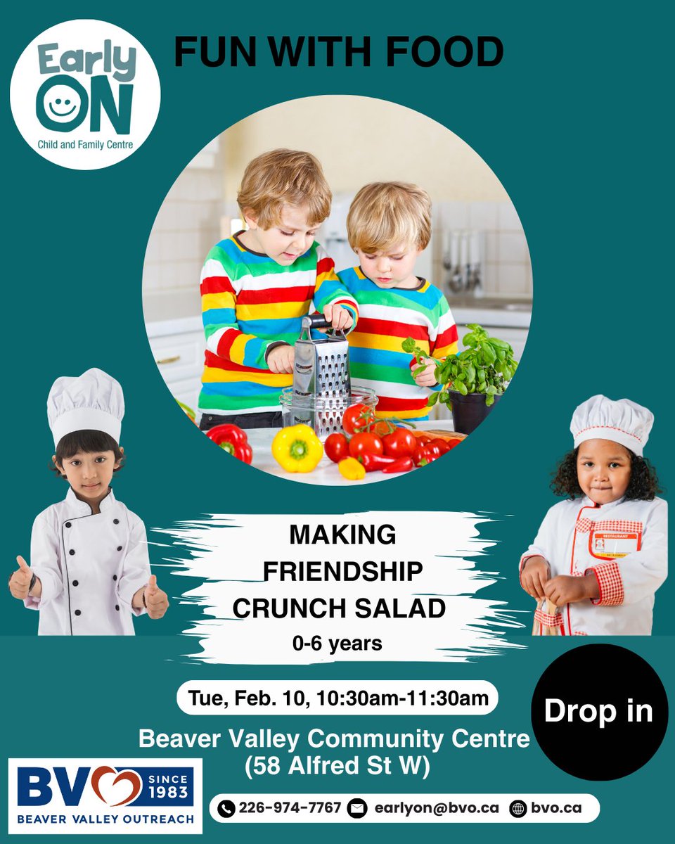 bvocanada's tweet image. Join us for a Friendship Crunch Salad! Children will mix a delicious blend of Cheerios, pretzels, cranraisins, and more, created together as a group. Come connect, create, and crunch with us!
#BVO #EarlyON #salad #FamilyTime #thornbury
