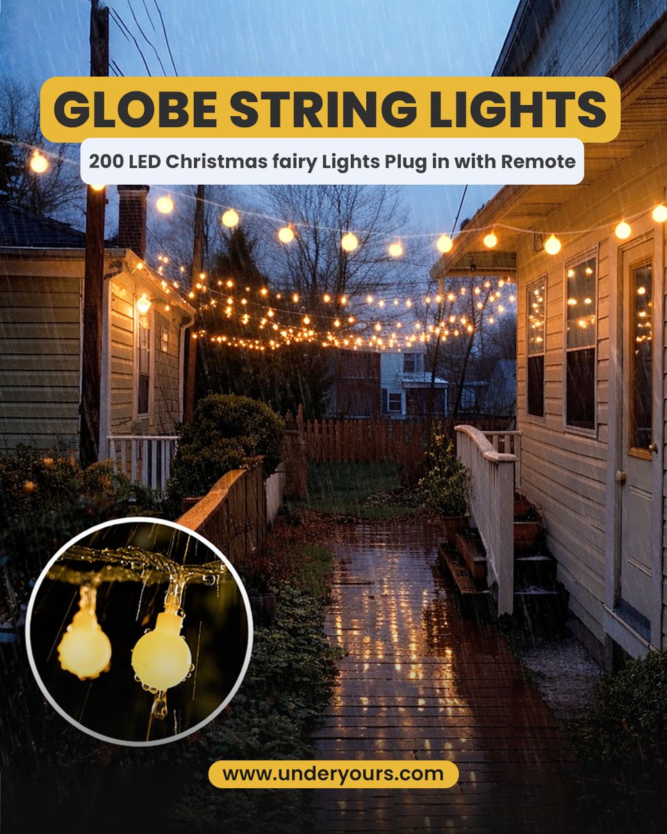 underyours__'s tweet image. Light up every moment with these 100ft Globe String Lights — 200 warm white LEDs, waterproof and perfect for indoor or outdoor use! ✨

Shop now at underyours.com and brighten your celebrations! 💡

#GlobeStringLights #FairyLights #LEDStringLights #ChristmasDecor
