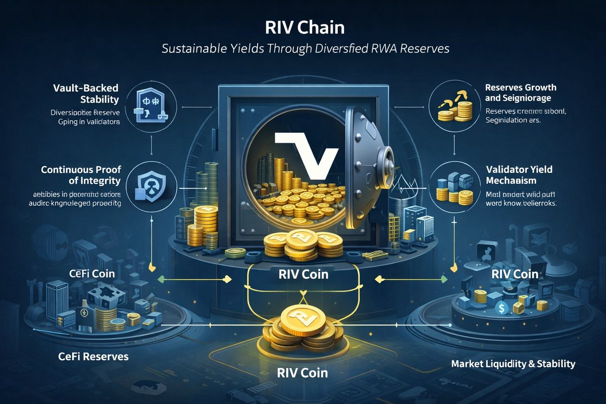🧵 1/
RIV Chain is built to deliver sustainable validator yields while keeping RIV Coin stable, even during market volatility, by anchoring value to real-world asset (RWA) reserves with support from <a href="/rivcapitalgroup/">RIV Capital DAO</a>

2/
At its core, RIV Chain uses a dual-reserve strategy,
