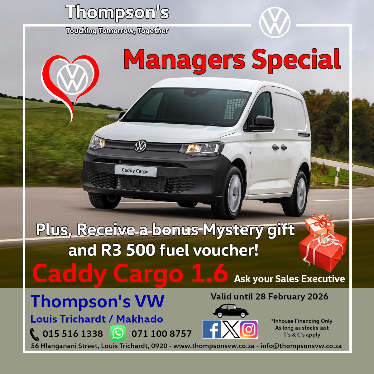 Special offers @ Thompson's VW. 
Visit our website at thompsonsvw.co.za for more. 
Email: info@thompsonsvw.co.za, 
WhatsApp: 071 100 8757, 
Tel: 015 516 1338.
#specials #promotion #thompsonsvw