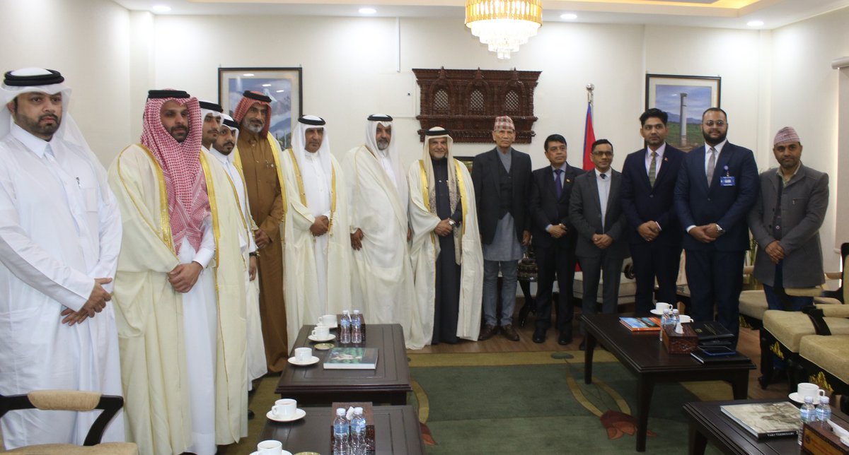A delegation led by Mr. Mohamed Al-Obaidli, Board Member of the Qatar Chamber of Commerce and Industry <a href="/Qatar_Chamber/">Qatar Chamber</a>, paid a courtesy call on the Minister for Foreign Affairs, Mr. Bala Nanda Sharma, at the Ministry today.

The meeting underscored the importance of strengthening