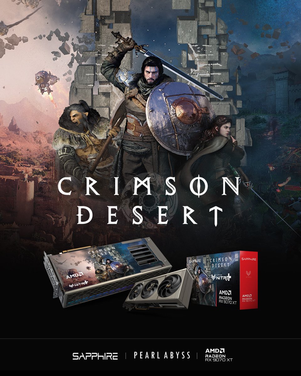 Immerse yourself in Crimson Desert &amp; the Fight for Pywel. An incredible collab with Pearl Abyss Corp. &amp; <a href="/AMDGaming/">AMD Gaming</a> for the ultimate Crimson Desert Edition GPU in the powerful SAPPHIRE NITRO+ AMD Radeon™ RX 9070 XT

Details on our <a href="/CrimsonDesert_/">Crimson Desert</a> collab: sapphirenation.net/0210_crimson-d…
