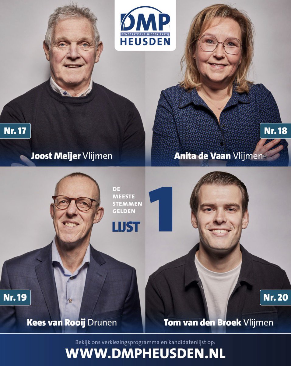 2️⃣0️⃣ Tom van den Broek uit Vlijmen

1️⃣9️⃣ Kees van Rooij uit Drunen 

1️⃣8️⃣ Anita de Vaan uit Vlijmen

1️⃣7️⃣ Joost Meijer uit Vlijmen

➡️ Meer weten over onze kandidaten? Neem dan een kijkje op de website: dmpheusden.nl/kandidatenlijst