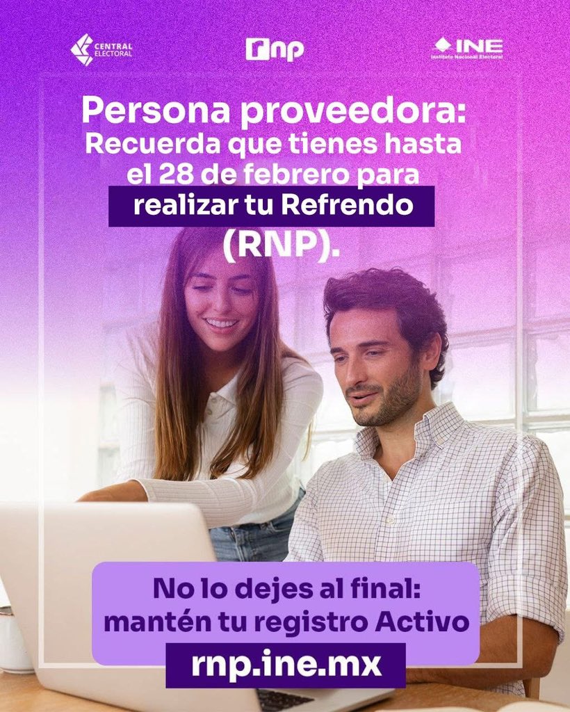 ⚠️ ¡Aviso importante para proveedores!

Tienes hasta el 28 de febrero para realizar tu #Refrendo2026 en el Registro Nacional de Proveedores (#RNP). ¡No lo dejes para el final! 🗓️

🔗 Realiza tu trámite en: rnp.ine.mx