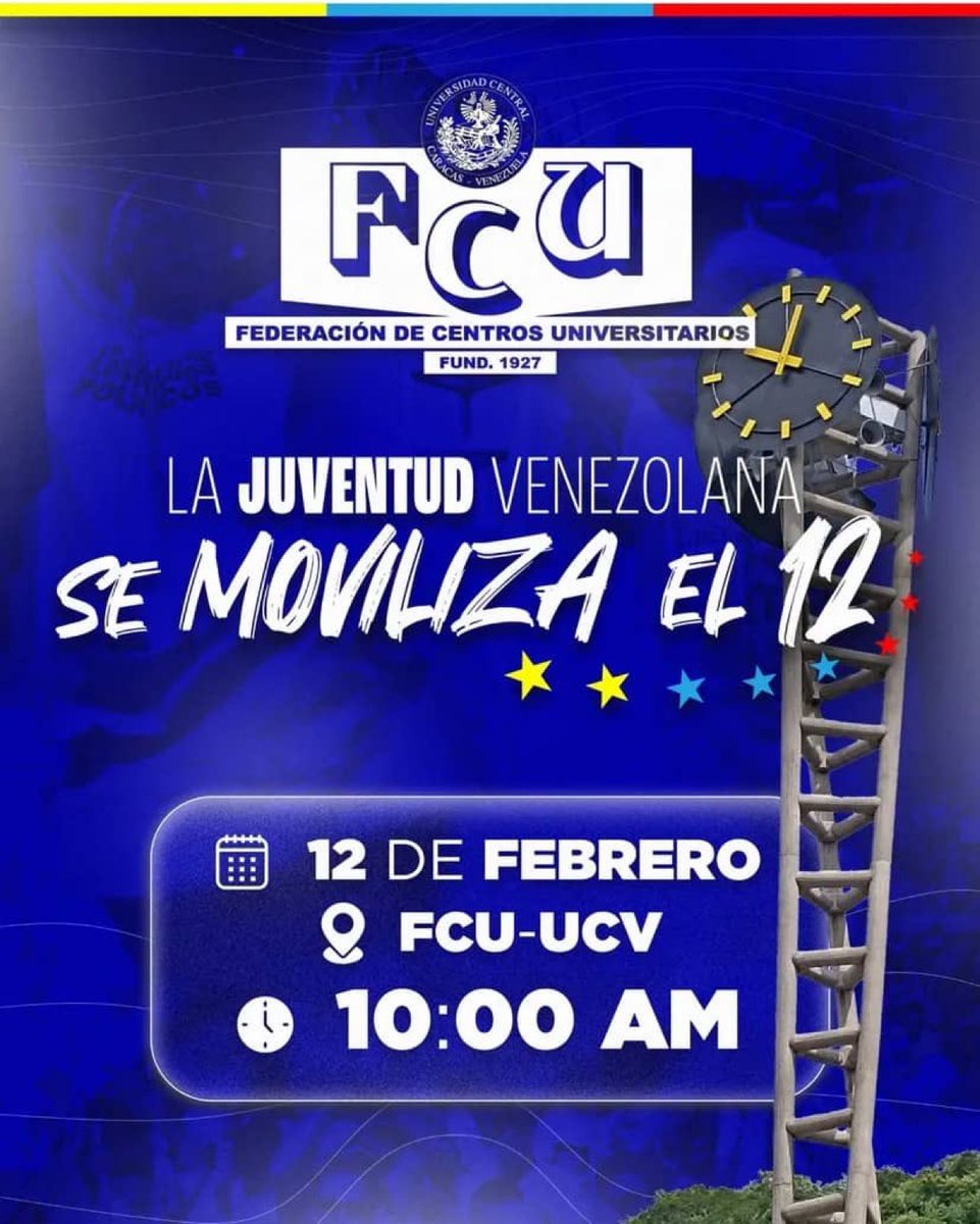 Convocamos a toda la sociedad venezolana a movilizarse este #12Feb a las 10:00a.m desde la Universidad Central de Venezuela.

¡Nos vemos en la FCU-UCV!