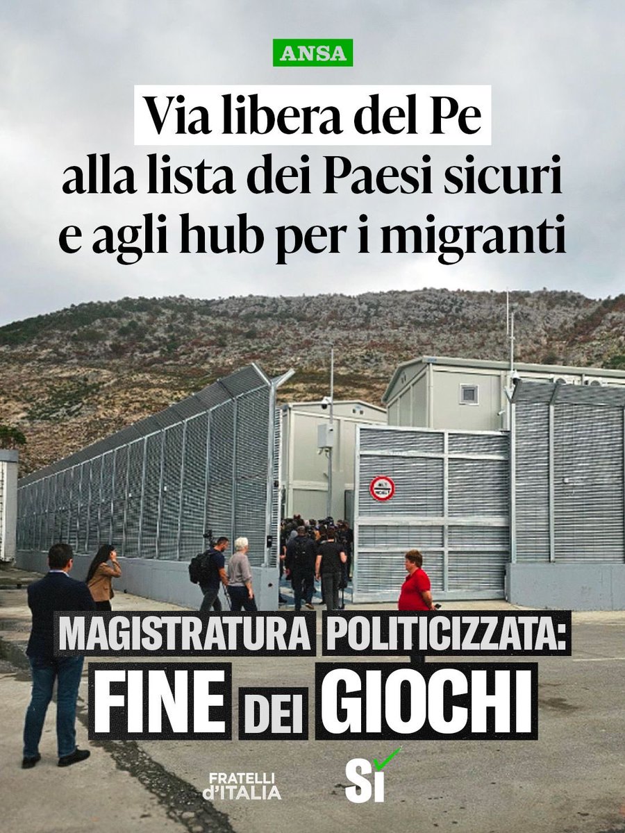 Il via libera del Parlamento Ue alle nuove norme sui Paesi terzi sicuri, che recepiscono la linea italiana, segna una svolta epocale. 

La nostra Nazione ha saputo, con coraggio e determinazione, imprimere un cambiamento necessario in Europa, restituendo alla politica il governo