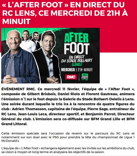 L'After Foot RMC en direct du RC Lens ce mercredi à 21h.
Avec <a href="/gilbertbrisbois/">Gilbert Brisbois</a>, <a href="/DanielRiolo/">Daniel Riolo</a> et <a href="/FlorentGautreau/">Florent Gautreau</a>.
Invités : Adrien Thomasson, <a href="/Pierre__Sage/">Pierre Sage</a>, <a href="/JeanLouisleca1/">Jean-Louis leca</a> et B. Parrot.
Emission co-diffusée sur BFM Grand Lille et Grand Littoral.