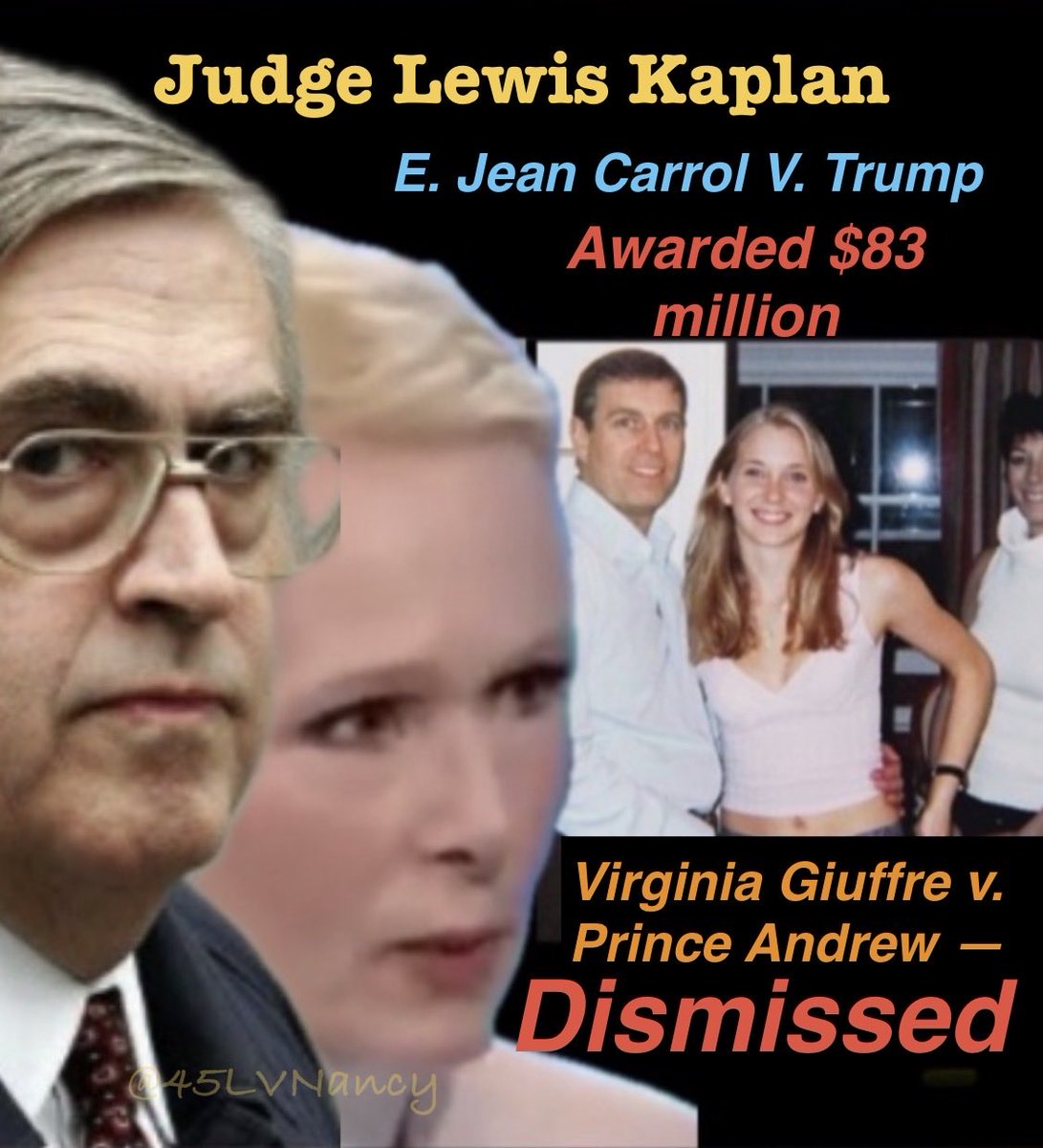 If you don’t understand dirty judges are beholden to their masters, consider this.

E. Jean Carrol -v. Donald Trump 
: $83 million 

Virginia Giuffre -v. Prince Andrew 
: Dismissed 

Guess who presided in both cases

       Judge Lewis Kaplan.