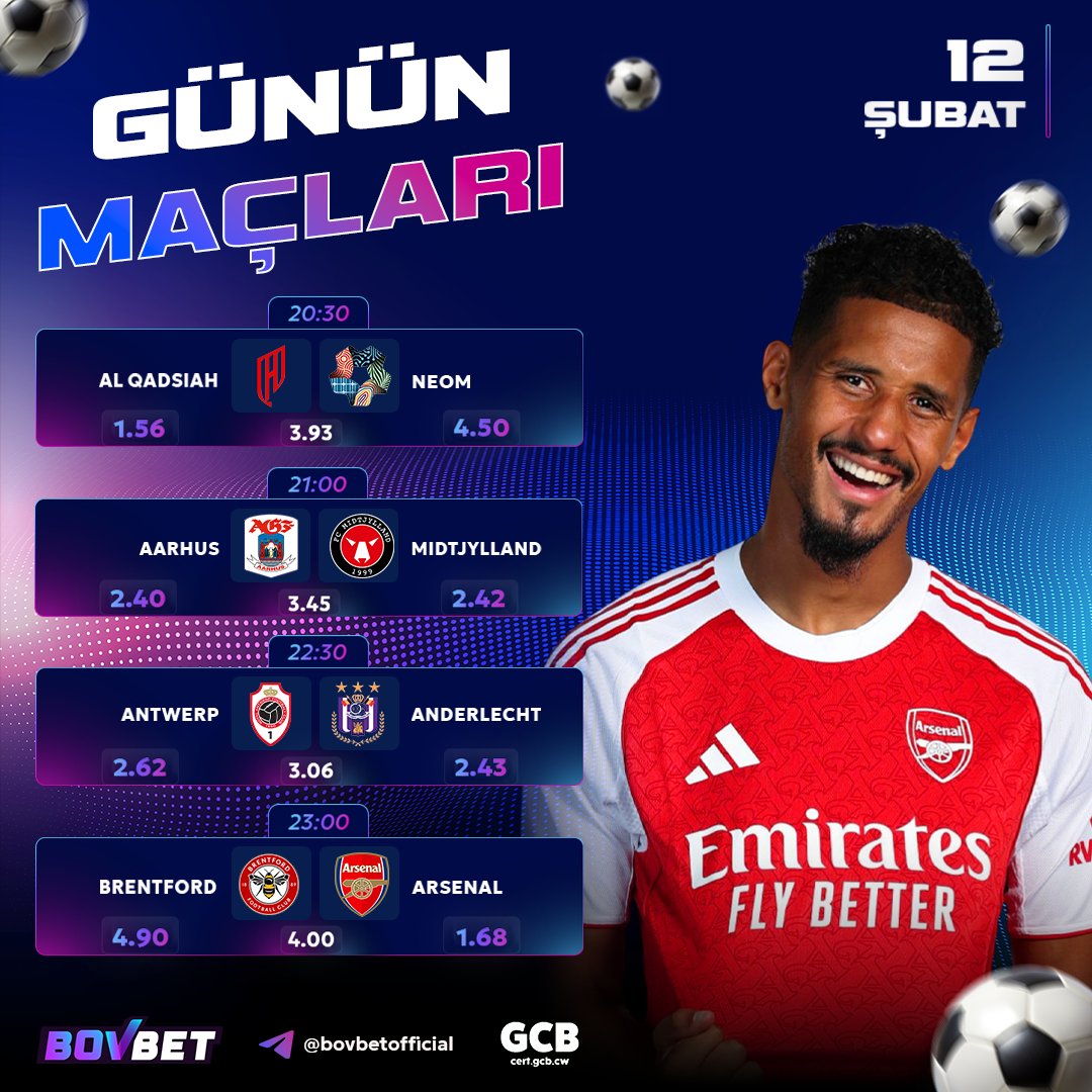🎉 Nefes Kesen Karşılaşmalar Günün Öne Çıkanlarında! ⏱️

🏆20:30 Al Qadsiah - Neom
🏆21:00 Aarhus - Midtjylland
🏆22:30 Antwerp - Anderlecht
🏆23:00 Brentford - Arsenal

👉 cixi.bio/bovbetx