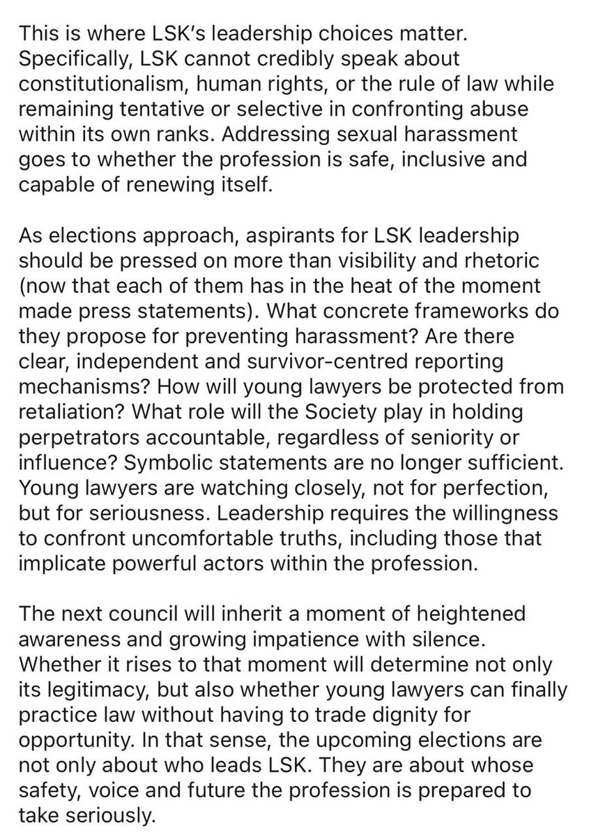 On my today's reflections, in light of the plight of young lawyers in the profession, I urge young lawyers&amp;all lawyers of goodwill to vote LSK Council Aspirants that can push more than visibility&amp;rhetoric in addressing sexual harassment rampant in the profession. Concrete action.