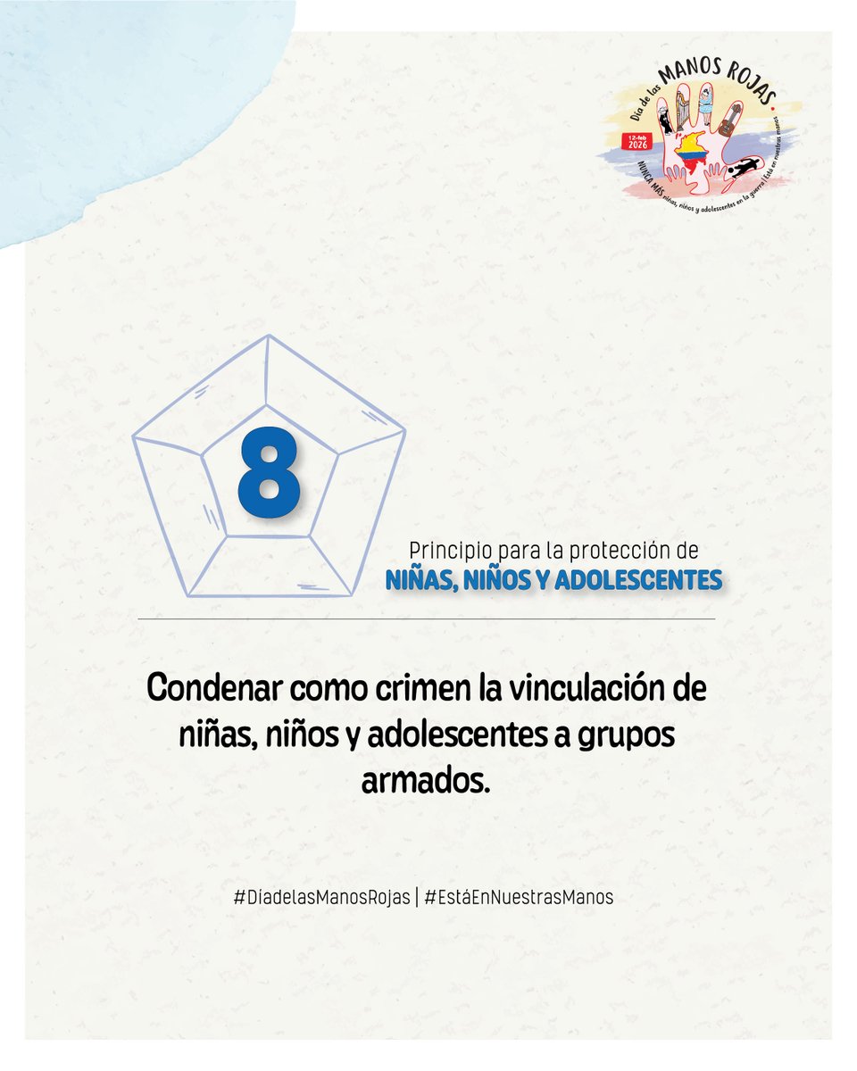 #EstáEnNuestrasManos, #Condenar como un crimen cualquier forma de vinculación de niñas, niños y adolescentes a grupos armados en Colombia

NUNCA NUNCA MÁS niñas, niños y adolescentes en la guerra.

 #DíadelasManosRojas