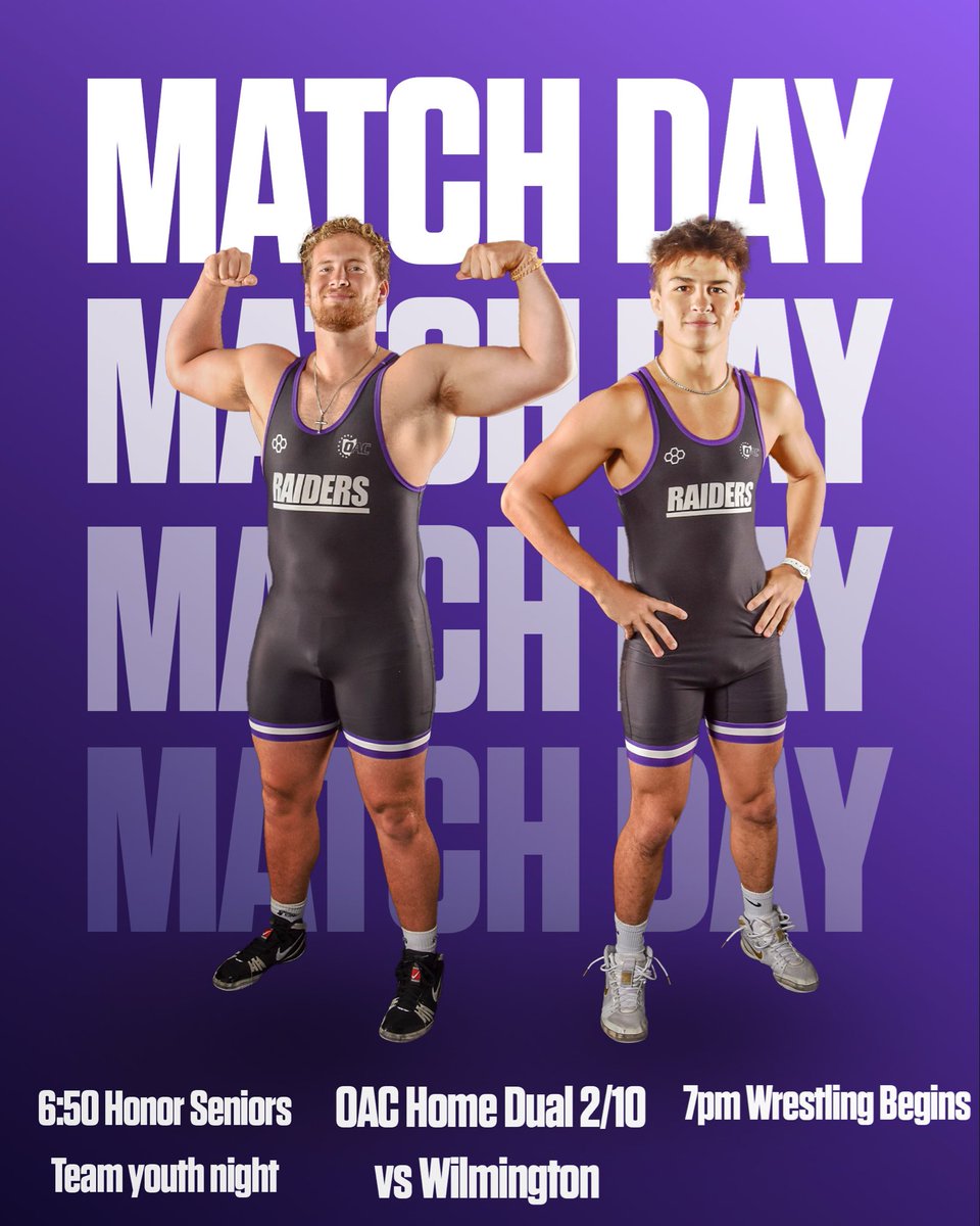 𝐌𝐚𝐭𝐜𝐡 𝐃𝐚𝐲! 𝐒𝐞𝐧𝐢𝐨𝐫 𝐍𝐢𝐠𝐡𝐭! 

🤼 Youth Team Night 
🎟️ Free Admission 
🆚 Wilmington (OAC) 
🕛️ 7 PM | 6:50 PM Honor Seniors 
📊 buff.ly/3eWNdEs 
🖥️ buff.ly/JhjSXkl 

#BuiltOnGrit | #GoRaiders