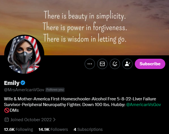 AmericanVsGov's tweet photo. Everyone, Emily is 41 away from 15K!

We can help her out!

Give @MrsAmericanVGov a follow and repost! https://t.co/3eTtEnGF1Z