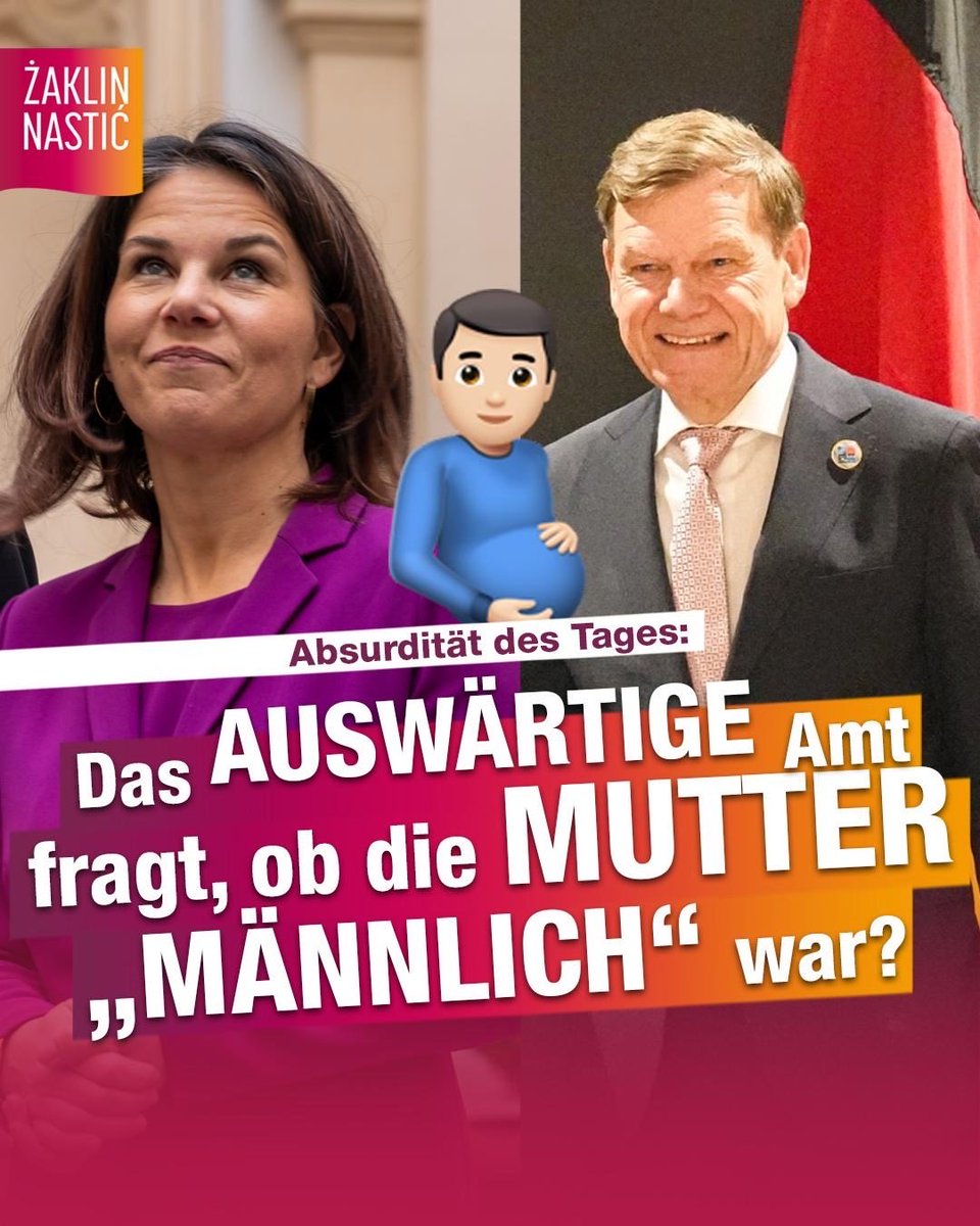 Nach Annalena Baerbocks feministischer Außenpolitik folgt jetzt offenbar die diverse Außenpolitik. Unter CDU-Außenminister Johann #Wadephul fragt das Auswärtige Amt in einem offiziellen Formular ernsthaft, ob die Mutter bei der Geburt eines Kindes „männlich“, „weiblich“ oder