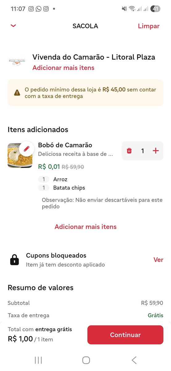 fala se isso não é um absurdo? colocam uma promoção, frete grátis, na hora de finalizar o pedido mínimo é 45 REAIS