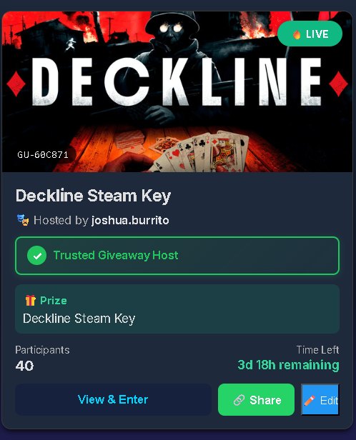 JoshuaBuritto's tweet photo. 4 days left to enter the Steam Key Giveaway for Hollow Knight and Deckline
Enter Here: https://t.co/DREPWGPOTq
#giveaway #steam #pcgaming #hollowknight #deckline #steamkey
https://t.co/fW5F0irdWF https://t.co/3FFK9GuUnG