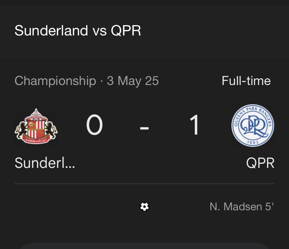 It has come to my realisation that QPR are STILL the last team to beat Sunderland in the league at The Stadium of Light. 🤯

284 days ago.

In the Championship.

Pep’s Man City and Arteta’s Arsenal couldn’t beat them but Xavi Calm and Kevin Betsy’s QPR could. 😎👊