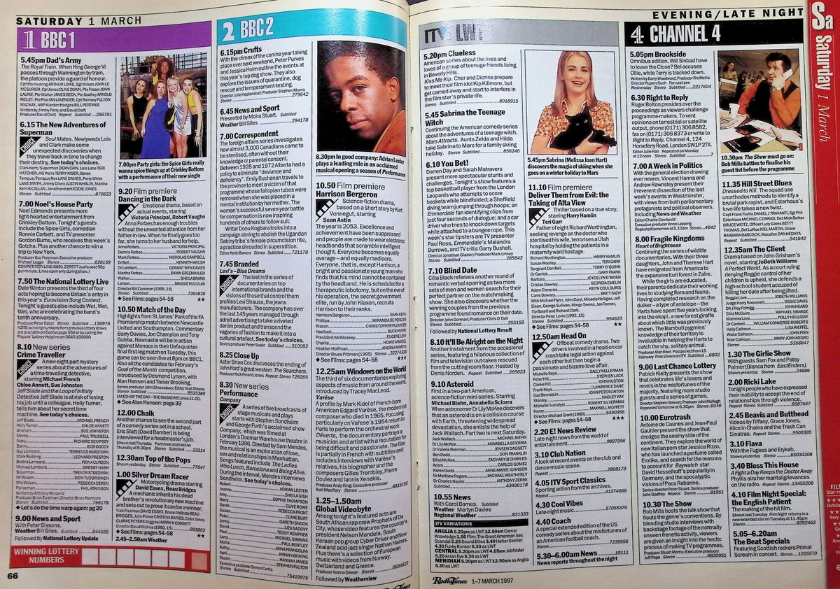 TvDidYouSee's tweet image. #OnThisDay 1 March 1997 📺TV Listings
#AntAndDec join Zoë &amp;amp; Jamie for LIVE AND KICKING.
#MichaelFrench stars in "highly implausible" new drama CRIME TRAVELLER.
A new series of PERFORMANCE begins with Sondheim's COMPANY, starring #AdrianLester.
#DarrenDay presides over YOU BET.