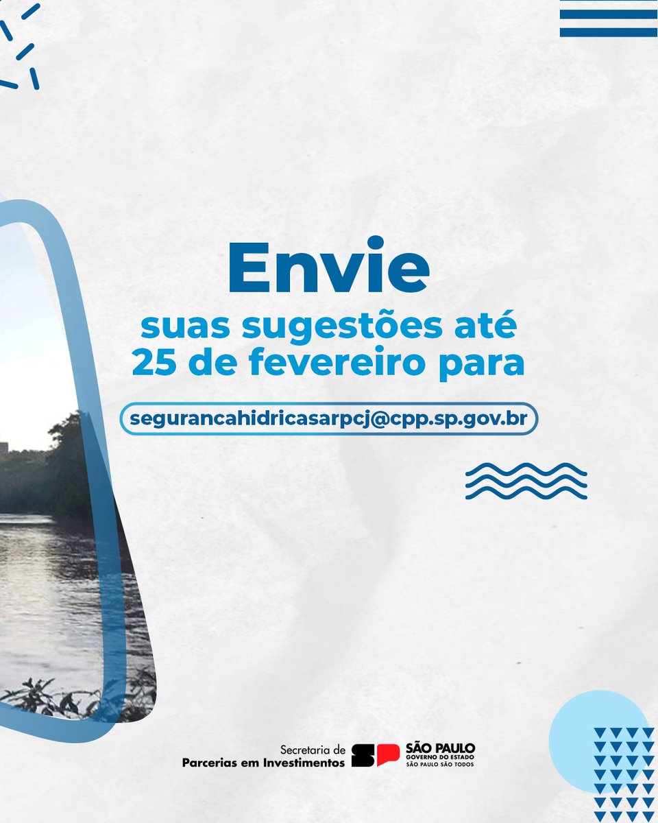 O projeto de Segurança Hídrica da Bacia do PCJ segue em consulta pública até 25/02 e vai reforçar a captação e a distribuição de água nos rios Piracicaba, Capivari e Jundiaí, beneficiando 21 municípios.

Participe! Envie sua contribuição para segurancahidricasarpcj@cpp.sp.gov.br.