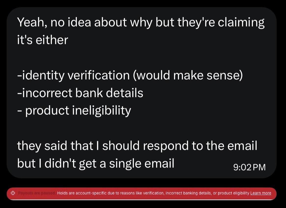 Paused Payouts Issue ‼️ - <a href="/Shopify/">Shopify</a> <a href="/harleyf/">Harley Finkelstein</a> <a href="/rohitmishra/">Rohit Mishra</a> 

Shopify merchants (not my clients) are experiencing paused payouts for non-credit risk issues, such as verification

BUT they haven’t received any emails or instructions on how to resolve the flag for weeks

For young