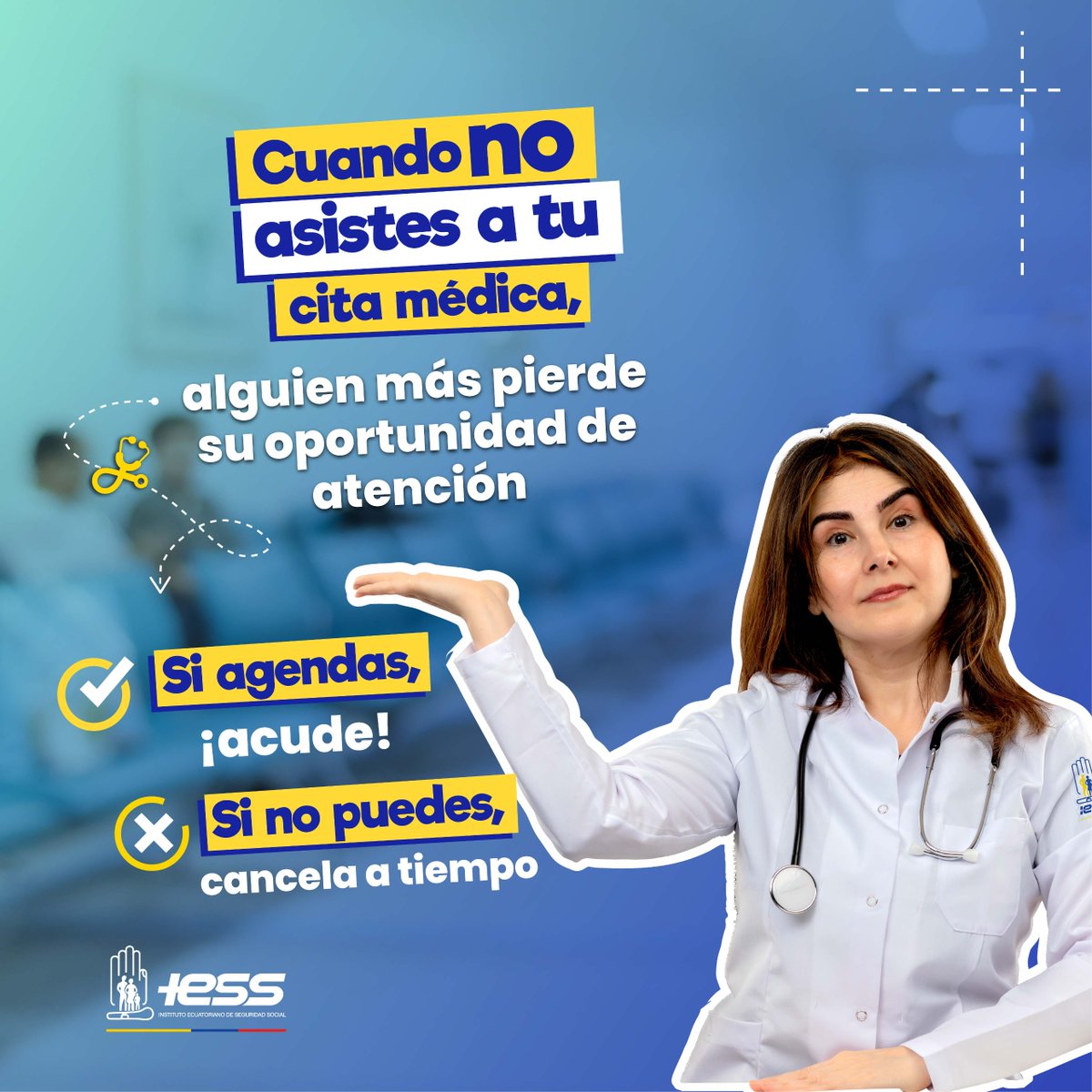 IESSec's tweet image. ¿Sabías que tu responsabilidad también salva tiempos y vidas?

✅ Si agendas una cita, acude.
⏰ Si no puedes, cancela a tiempo