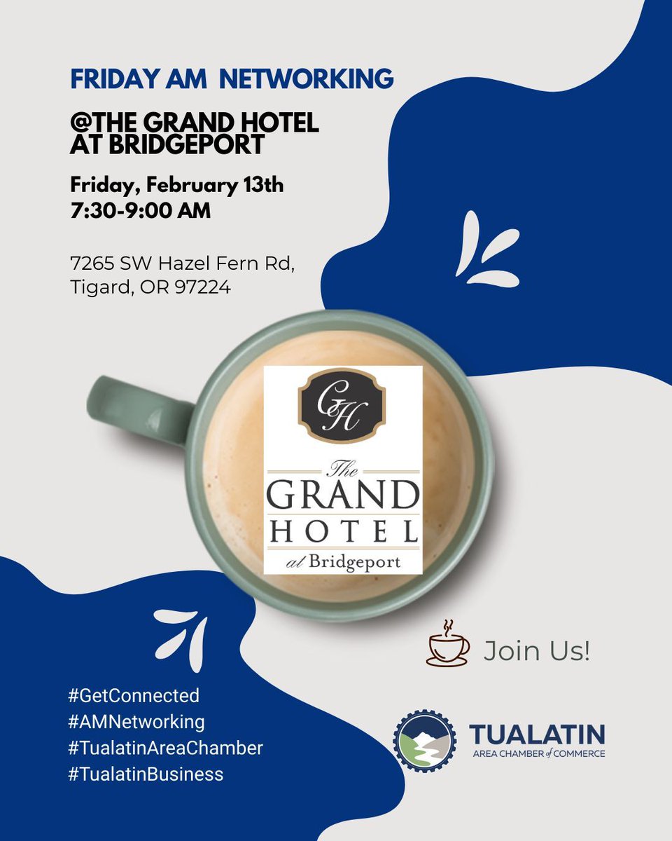 AM Networking returns this Friday, February 13th, and we’re excited to welcome our business community to The Grand Hotel from 7:30–9:00 AM.

Start your morning with meaningful connections, local collaboration, and the kind of conversations that strengthen Tualatin’s businesses.