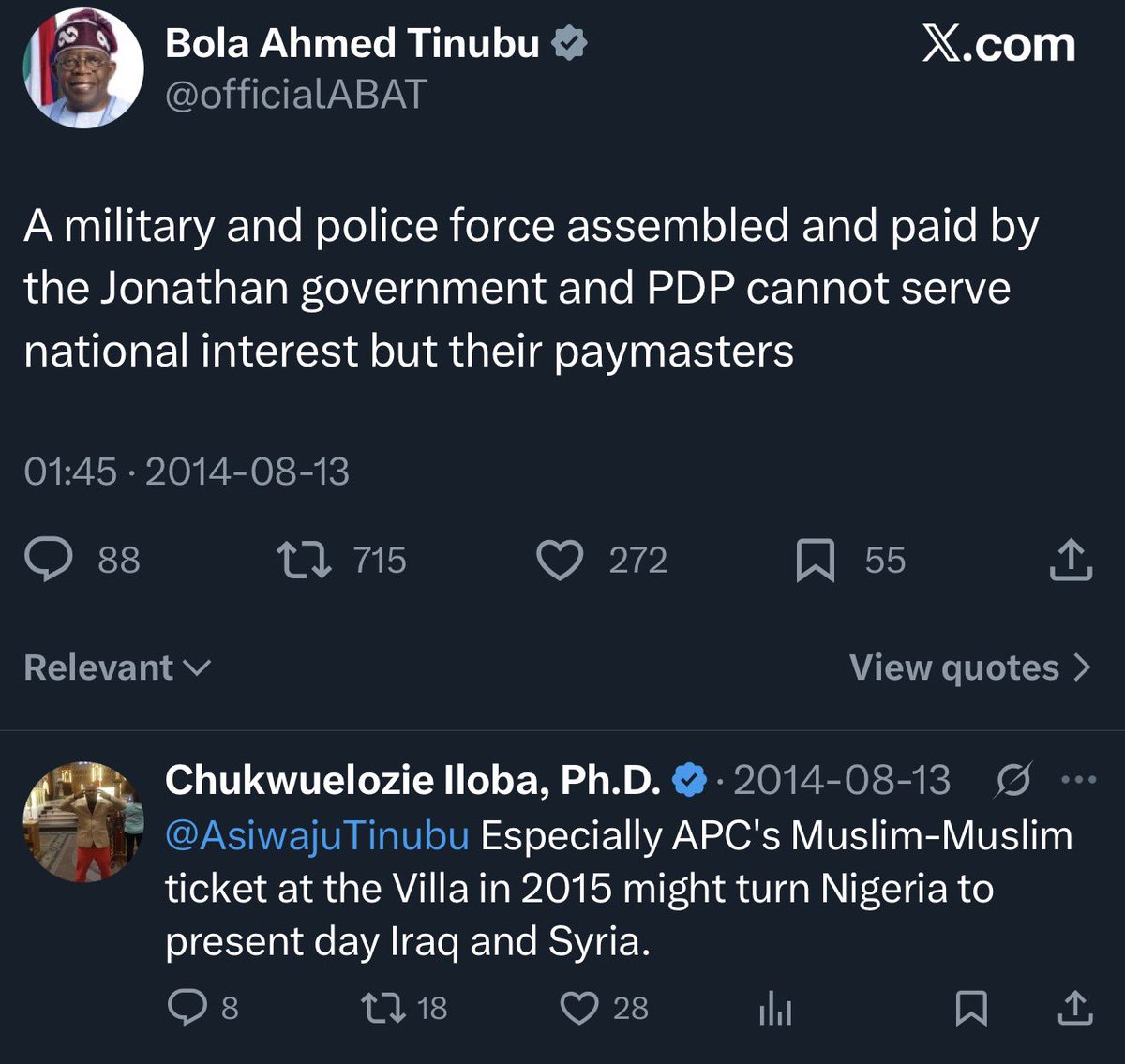 A military and police force assembled and paid by the Bola Ahmed Tinubu government and APC cannot serve national interest but their paymasters.

Sadly Irag &amp; Syria are now better off compare to Nigeria.