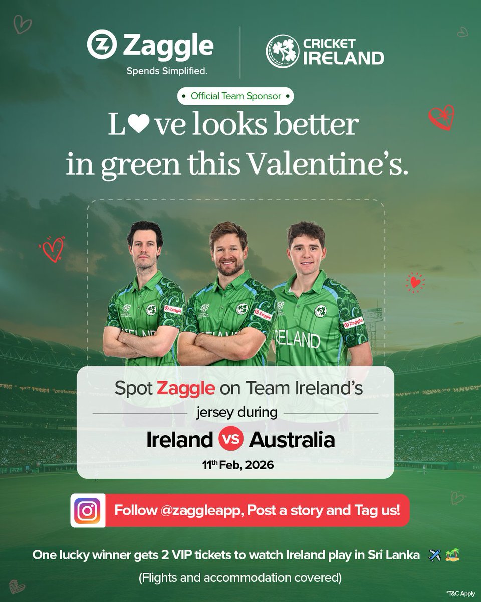 zaggleapp's tweet photo. Zaggle x Cricket Ireland: #GreenValentine.
Follow #Zaggle, spot us on Team #Ireland’s jersey (IRE vs AUS), post a photo, tag Zaggle &amp; use #GreenValentine.
Win 2 VIP tickets to watch Ireland in Sri Lanka. Flights &amp; stay covered. 
T&amp;Cs apply. https://t.co/GCe9AebiTx