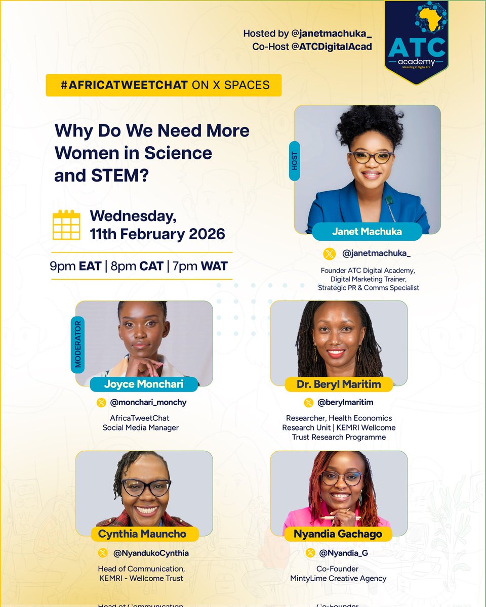 Why Do We Need More Women in Science &amp; STEM?

Tomorrow, in recognition of the International Day of Women and Girls in Science, we’re discussing women, science, &amp; the future.

We’ll be joined by 
<a href="/NyandukoCynthia/">C Mauncho</a>
<a href="/berylmaritim/">Beryl Maritim</a> 
<a href="/Nyandia_G/">Nyandia Gachago, ACIM</a>

Set a reminder x.com/i/spaces/1vOGw…