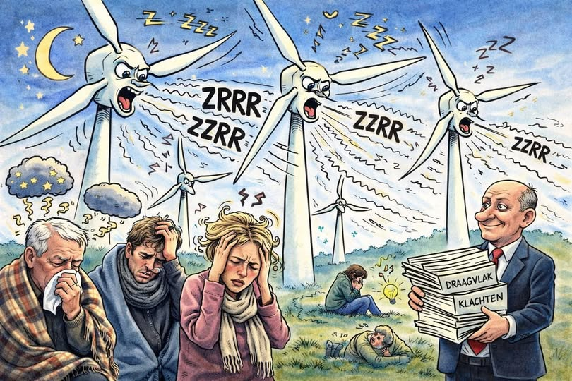 WimdenOudsten's tweet photo. In Nederland wordt keihard gelogen over windturbines!. Mensen die ernaast wonen worden ziek, maar dat mag niet gezegd worden. Ze slapen niet meer, krijgen hoofdpijn, stress en raken uitgeput. En wat zegt de overheid? Alles is veilig. Het zit tussen de oren. Wen er maar aan.
In Frankrijk heeft een rechter nu vastgesteld dat windmolens wel ziek maken. De klachten stopten toen de molens stil stonden of toen de bewoner wegging. Dat is logisch. Dat is gezond verstand. Maar in Nederland doen we alsof gezond verstand niet bestaat.
Hier tellen geen mensen, alleen modellen en rekensommen. Geluid wordt “gemiddeld”. Laag gebrom wordt genegeerd. Slagschaduw en knipperlichten heten “acceptabele hinder”. Wie ziek wordt, staat er alleen voor. Wie klaagt, wordt weggezet als lastig of tegen klimaatbeleid.
Gemeenten en provincies weten dit. Toch zetten ze windmolens pal naast huizen. Niet omdat het moet, maar omdat het mag. Projectontwikkelaars verdienen, bestuurders scoren groene punten en bewoners betalen de prijs met hun gezondheid. Dat is geen vergissing, dat is een keuze.
Dit heeft niets meer met duurzaamheid te maken. Dit is doordrammen, wegkijken en mensen opofferen voor beleid dat niet mag falen. Zolang Nederland blijft ontkennen wat bewoners dagelijks voelen en ervaren, is de energietransitie niets meer dan een mooi verhaal over de rug van gewone mensen.
https://t.co/2S9CAubuot
Duurzaam Leefbaar Olst Wijhe
#windturbines #ziek #klimaat