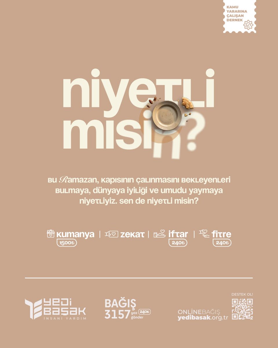 Bu Ramazan bir sofrayı bereketlendirmeye niyetli misin? ✨🌙

📦 Kumanya Bedeli: 1.500 TL 🇵🇸 Gazze Kumanya: 2.000 TL

🔗 Hesap Adı: Yedi Başak İnsani Yardım Derneği
IBAN: TR02 0020 9000 0015 9591 0000 23
Açıklama: Kumanya + Bölge + Telefon Numarası