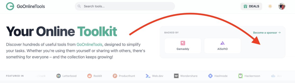 GoOnlineTools's tweet photo. Now opening 1 homepage sponsor slot.

If your product helps builders, students, or creators This audience fits well.

DM open. https://t.co/byONqIJsZF