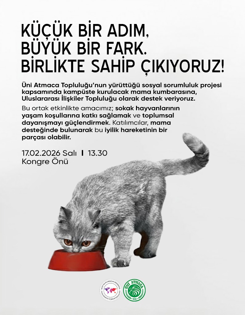 KAMPÜSTE İYİLİK VAR! 🐾

Sokak hayvanlarının yaşamına birlikte dokunuyoruz.
Sen de bu iyilik hareketinin bir parçası ol 🐈

📆 17.02.2026 Salı | ⏰ 13.30
📍 Kongre Önü