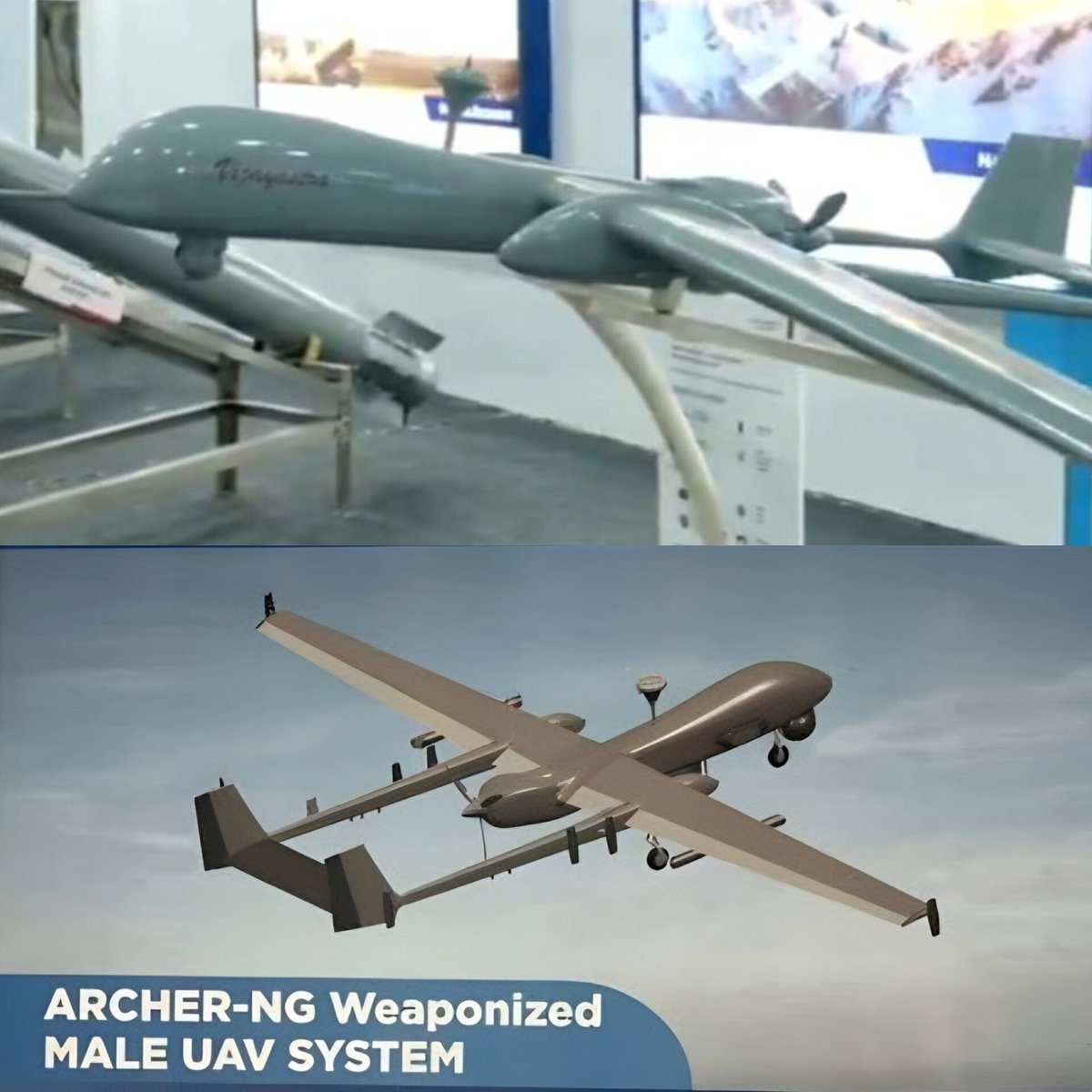 Solar Industries Displayed Archer-NG MALE UAV for the first time, the UAV is designed for ISTAR &amp; precision strike Roles. 🇮🇳

🔴 Key Specs:

• Operational Altitude: 30,000 ft
• Endurance: 29 hours
• Range: 250 km (Line of Sight)
• Range: 1,000 km (SATCOM BLOS)
• Maximum