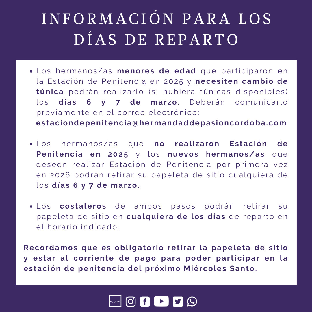 #AVISO | REPARTO DE PAPELETAS DE SITIO |

Información sobre el reparto de Papeletas de Sitio para participar en la Estación de Penitencia del próximo Miércoles Santo.

#AmorYPasión #PasiónDeCórdoba