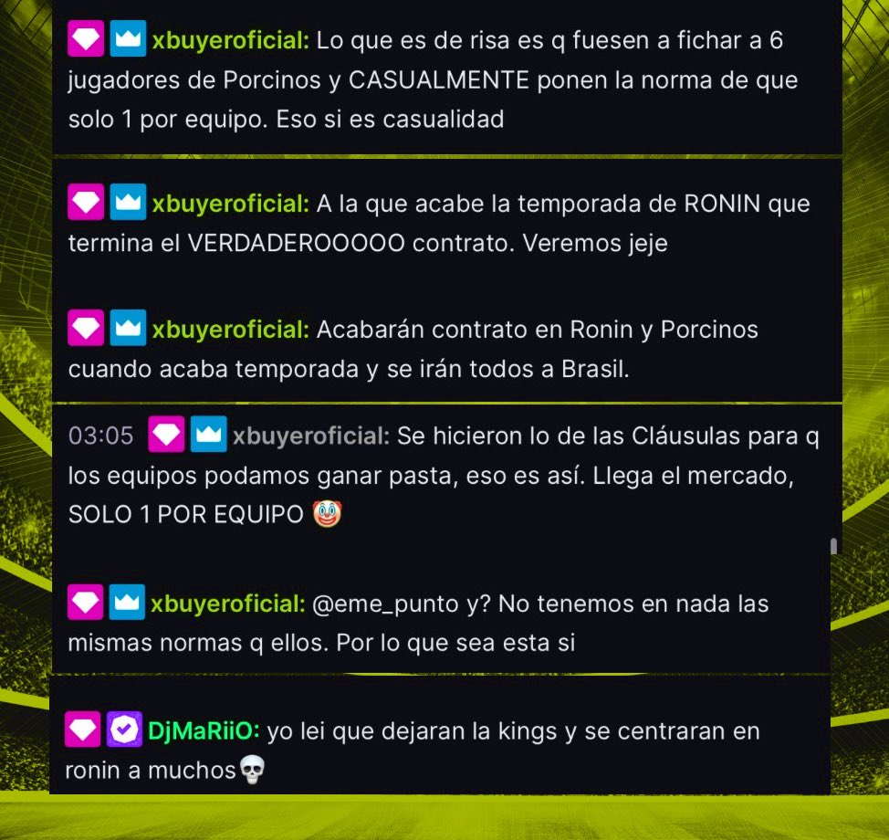 🚨ÚLTIMA HORA

Javi Buyer lo deja claro:

🗣️:”Es de risa que van a por jugadores de Porcinos y CASUALMENTE se inventan esa norma de fichar solo 1 jugador por equipo”