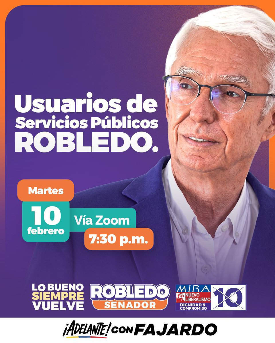 Atención: Usuarios de servicios públicos en #Cundinamarca.

Hoy martes 10 de febrero a las 7:30 pm estaremos conversando virtualmente con <a href="/JERobledo/">Jorge Enrique Robledo Senado #10 Ahora Colombia</a> sobre la necesaria defensa de los usuarios en el Senado.

¡Lo bueno siempre vuelve! Para asistir escribe por interno.