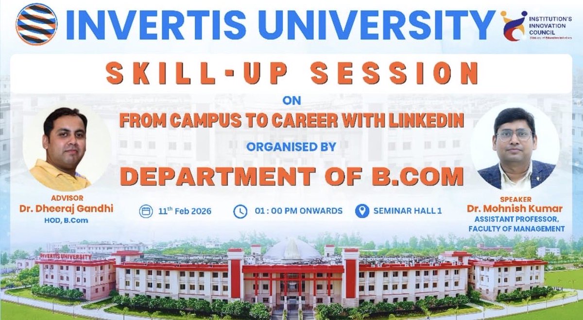 Mohnish009's tweet photo. Delivering a Skill-Up Session: From Campus to Career with LinkedIn for https://t.co/mjCitvBpm9 students at Invertis University 🚀

📅 11 Feb 2026 | 🕐 1 PM
#SkillUpSession #LinkedInForStudents #CareerReady https://t.co/6lC7hlETAt